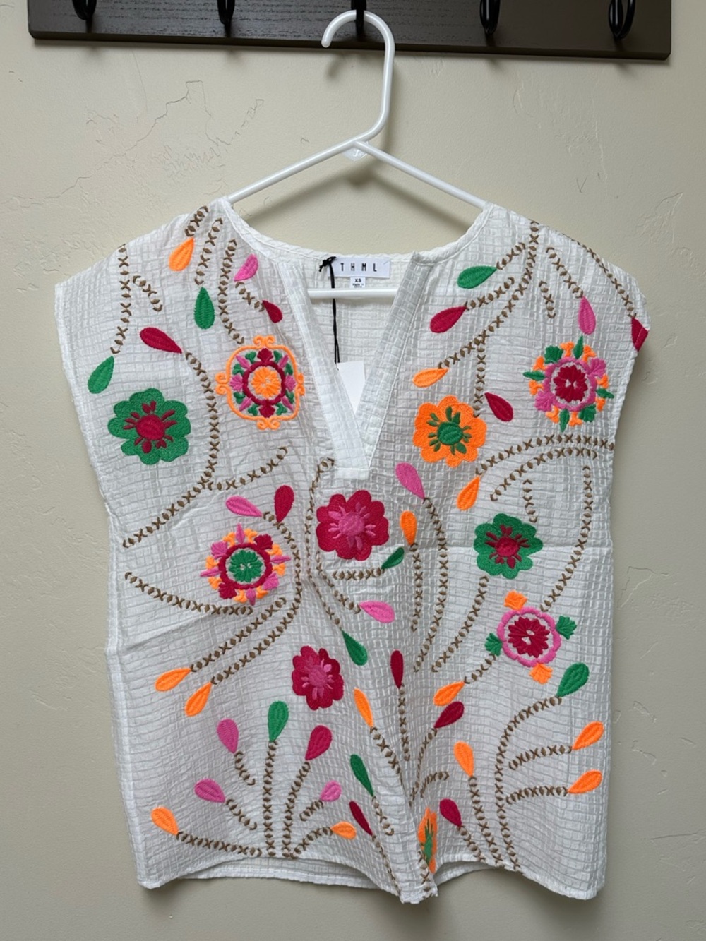 THML White Floral Embroidered V-Neck Tunic with Pink, Green & Orange Accents